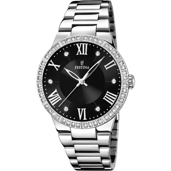 Montre festina dame bracelet acier fond noir argenté