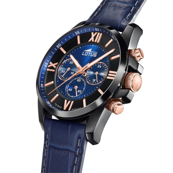 Montre lotus homme chronographe cuir bleu marine index rose gold 18881/2