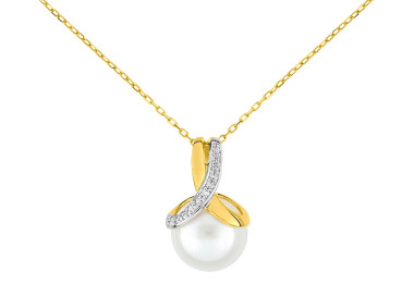 Collier perle Ø 9.5+ diamant 0.005 Or Jaune et Blanc Or 375