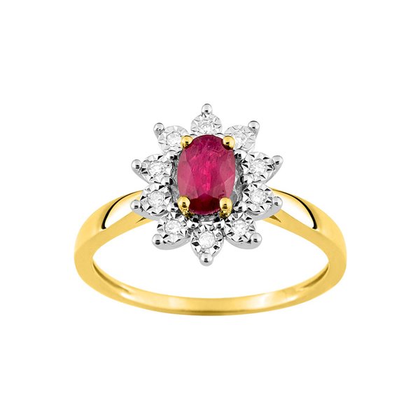 Bague rubis diamant 0.06ct GHP2P3 Or Jaune 375 rhodiée