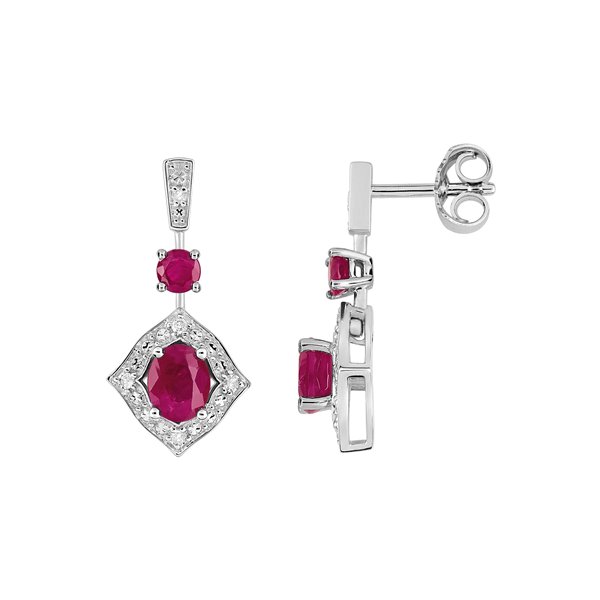 Boucles d'oreilles pendantes rubis + diamant 0.056 Or Blanc 750