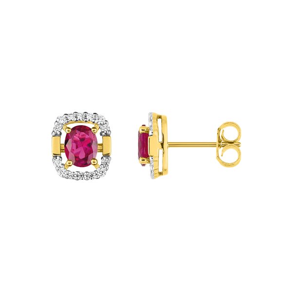 Boucles d'oreilles clou rubis diamant 0.136ct Or Jaune 750 rhodiée