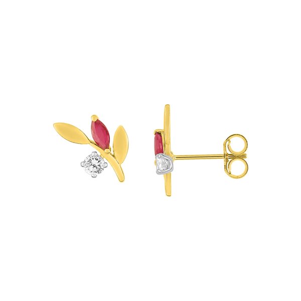 Boucles d'oreilles clou rubis oxyde(s) de zirconium Or Jaune et Blanc Or 375