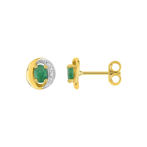 Boucles d'oreilles clou diamant 0.01ct émeraude Or Jaune 375 rhodiée