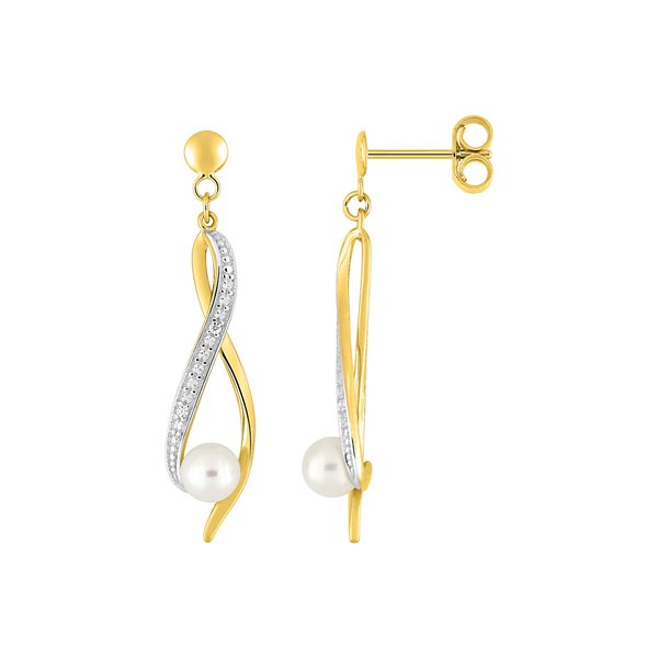 Boucles d'oreilles pendantes perle de culture d'eau douce diamant 01 Or Jaune 375 rhodiée