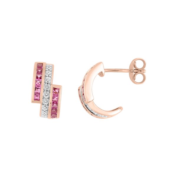 Boucles d'oreilles diamant 0.06ct rubis Or Rose 750 rhodiée