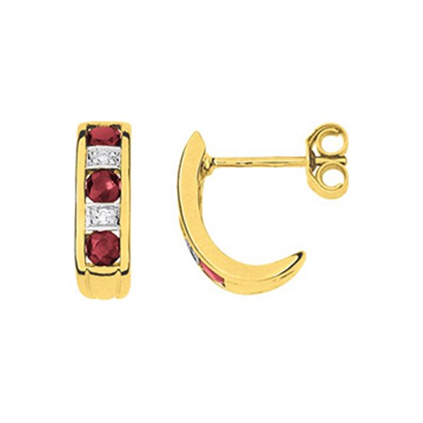 Boucles d'oreilles créoles rubis diamant 0.02ct Or Jaune 750 rhodiée